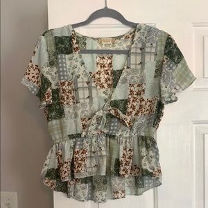 Altar'd State Green and Brown Flutter Sleeve Wrap Blouse